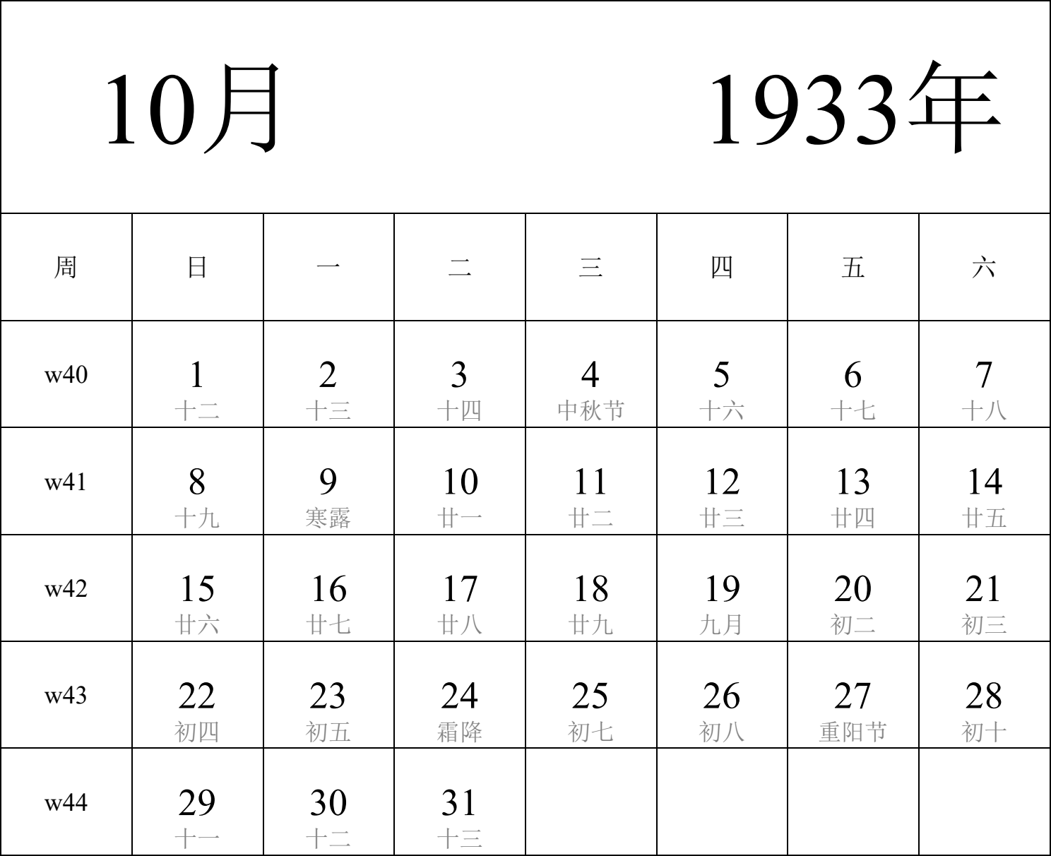 日历表1933年日历 中文版 纵向排版 周日开始 带周数 带农历